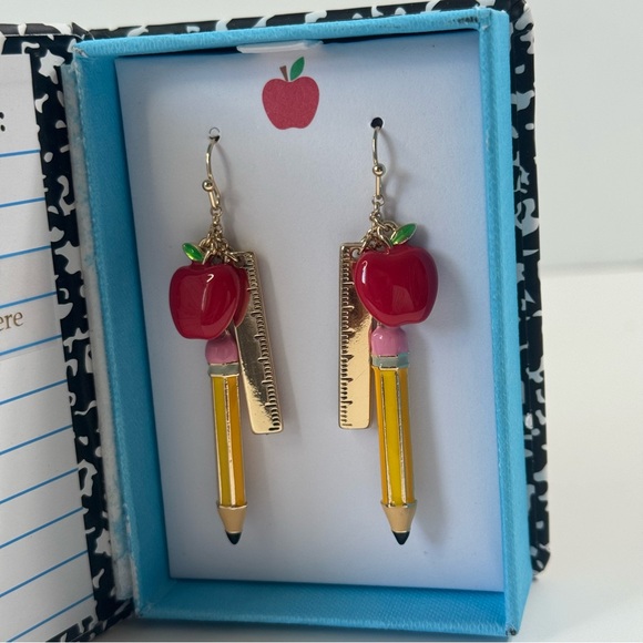 Betsey Johnson Back to School NotebkGold Tone Ruler Pencil W/Apple Earrings NIB - Picture 11 of 15